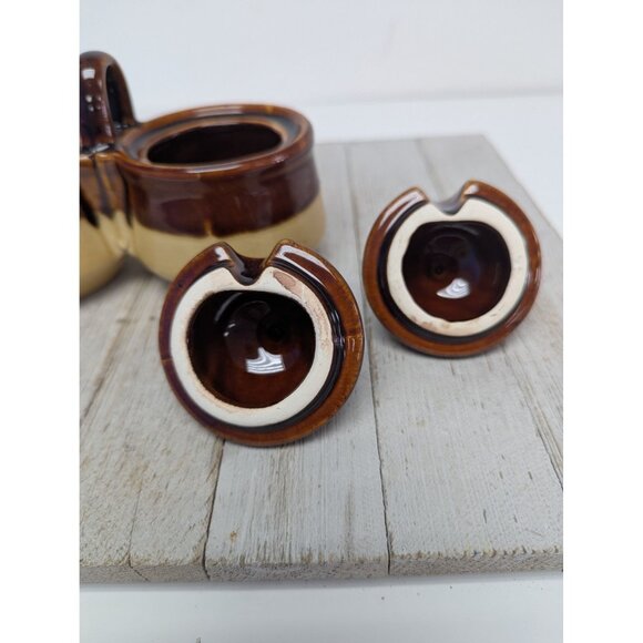 Vintage Brown Glazed Stoneware Double Condiment Sauce Pot With Lids Taiwan - Picture 5 of 10